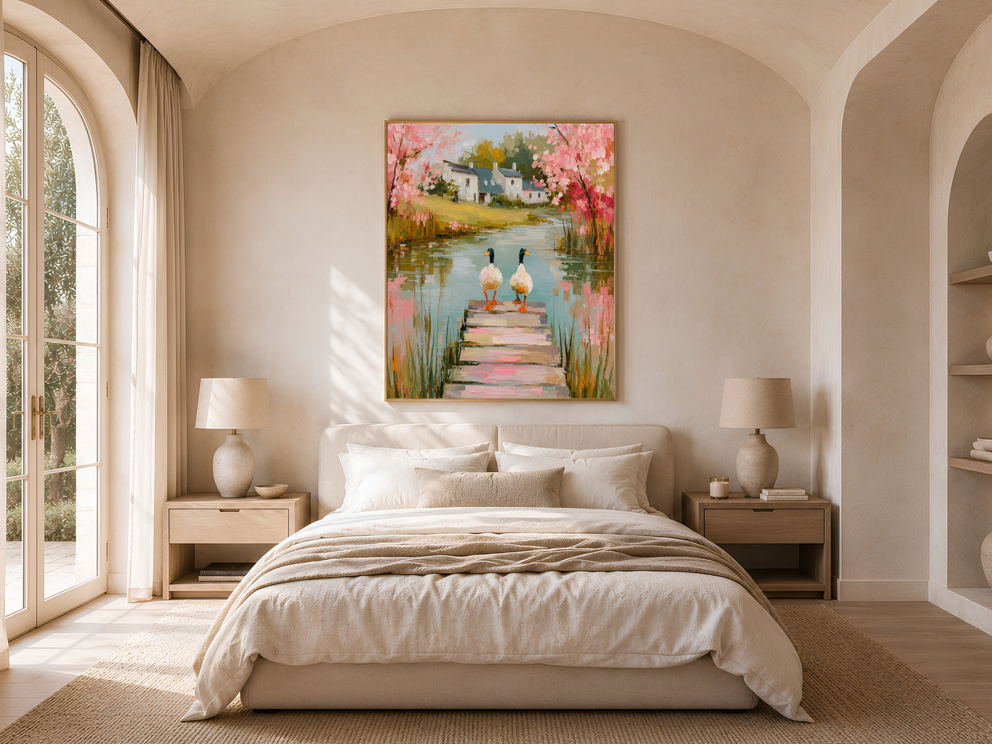 Cherry blossom cottage print framed above a bed in a warm neutral bedroom with arched window