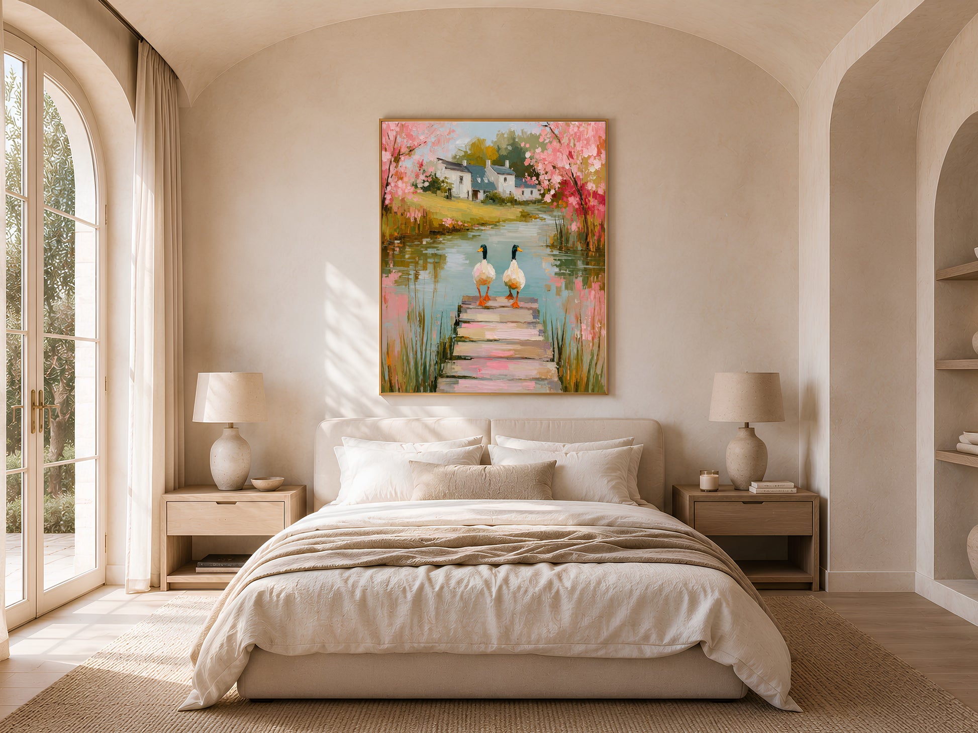 Cherry blossom cottage print framed above a bed in a warm neutral bedroom with arched window
