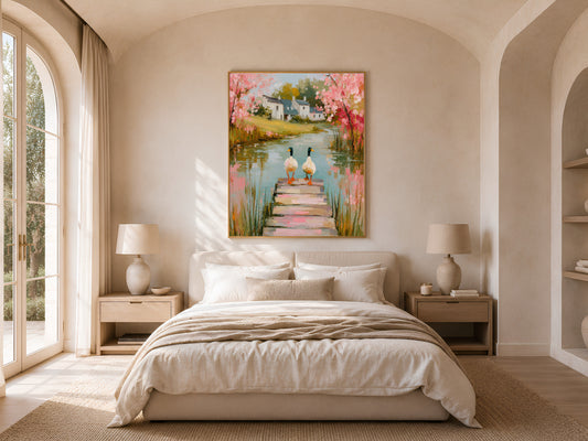 Cherry blossom cottage print framed above a bed in a warm neutral bedroom with arched window