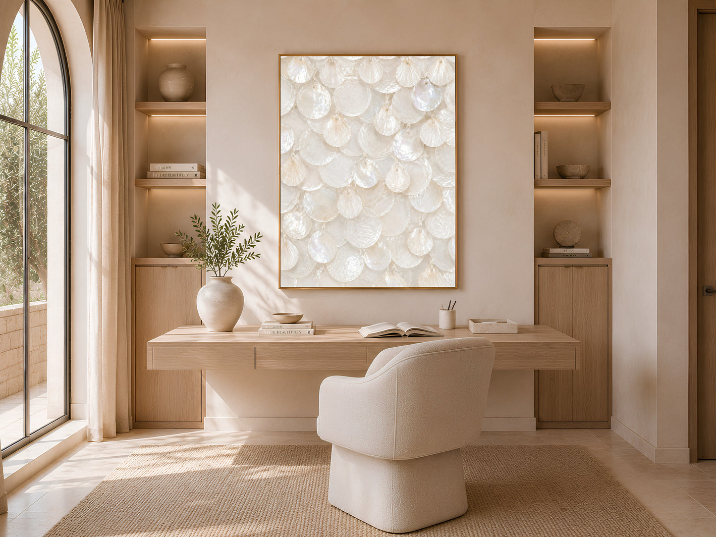 White capiz shell wall art framed above a desk in a sunlit home office nook
