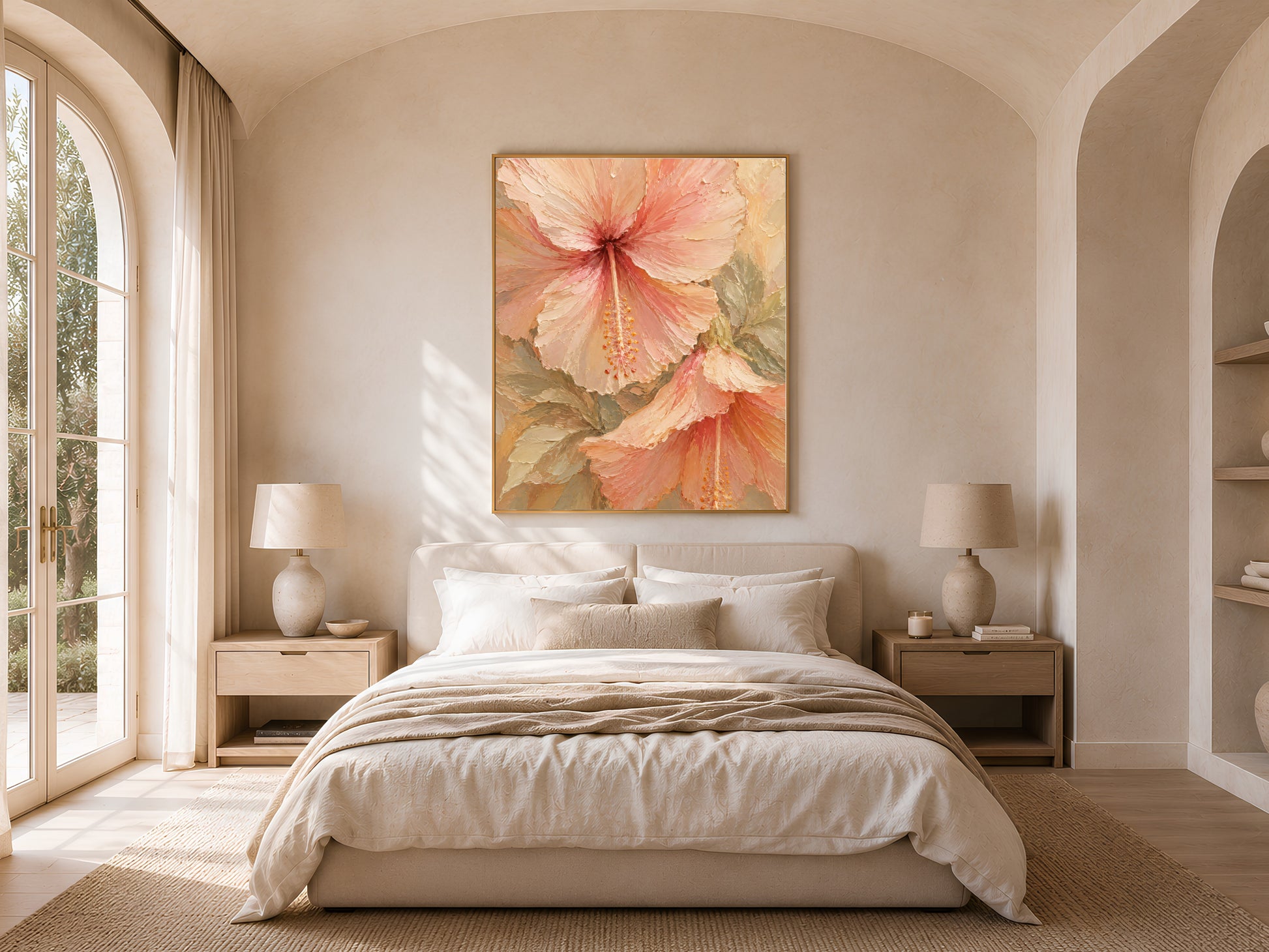 Pastel hibiscus wall art framed in gold above a neutral bed in a sunlit bedroom
