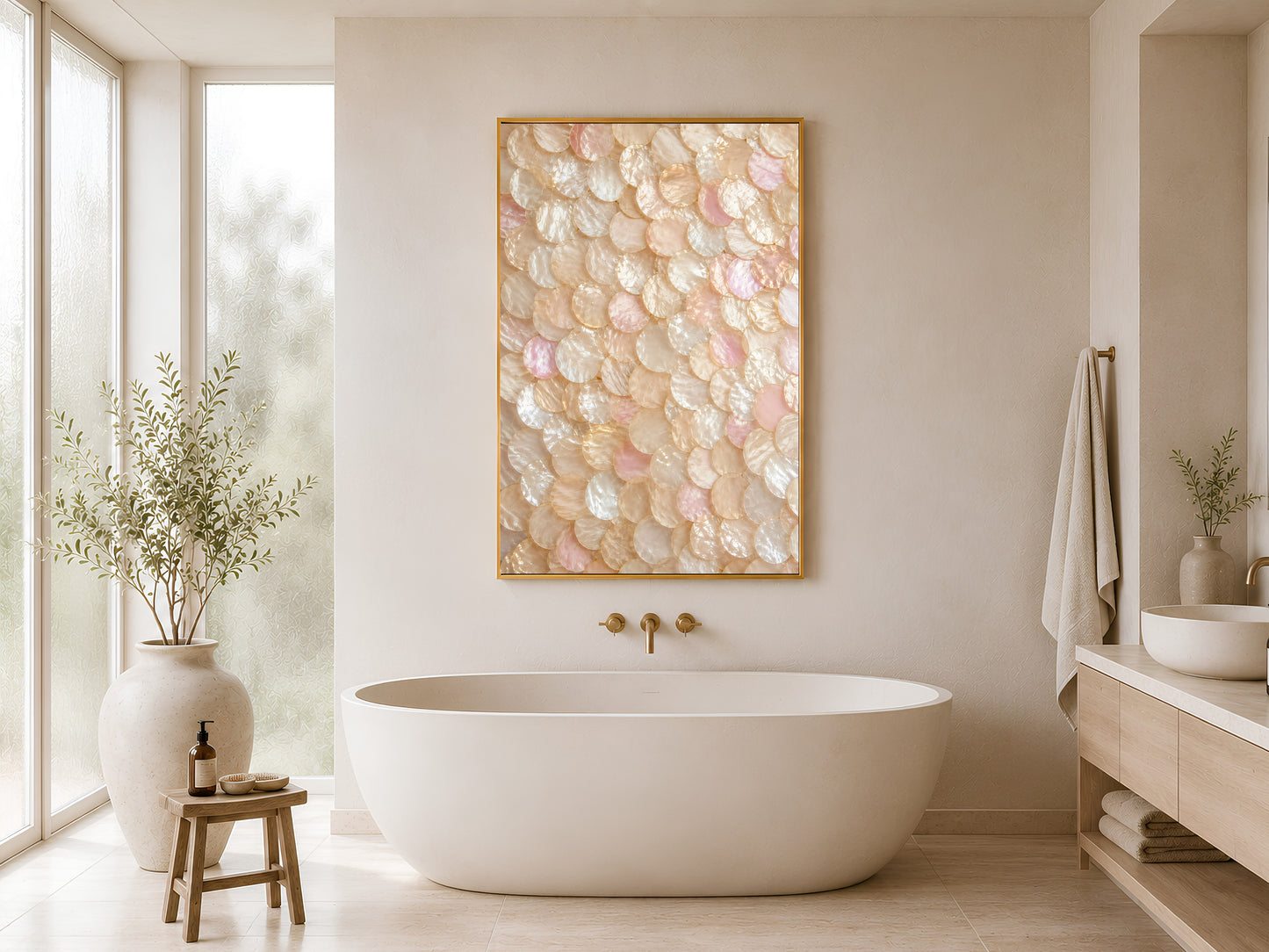 Blush coastal shell wall art printable hanging above a freestanding bathtub in a calming spa-inspired neutral bathroom interior.