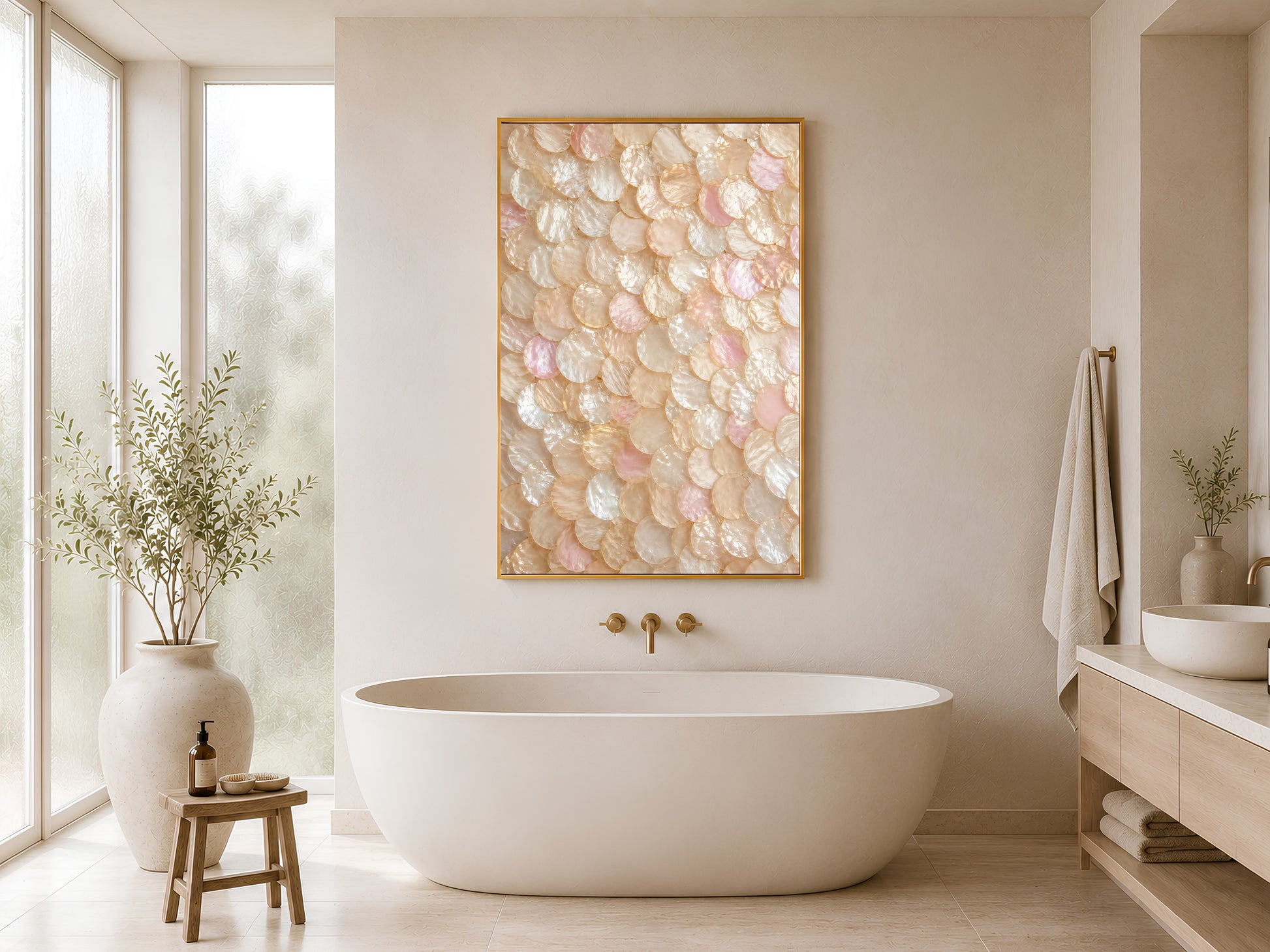 Blush coastal shell wall art printable hanging above a freestanding bathtub in a calming spa-inspired neutral bathroom interior.