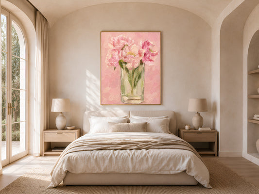 Peony vase print in gold frame above a neutral bedroom nightstand
