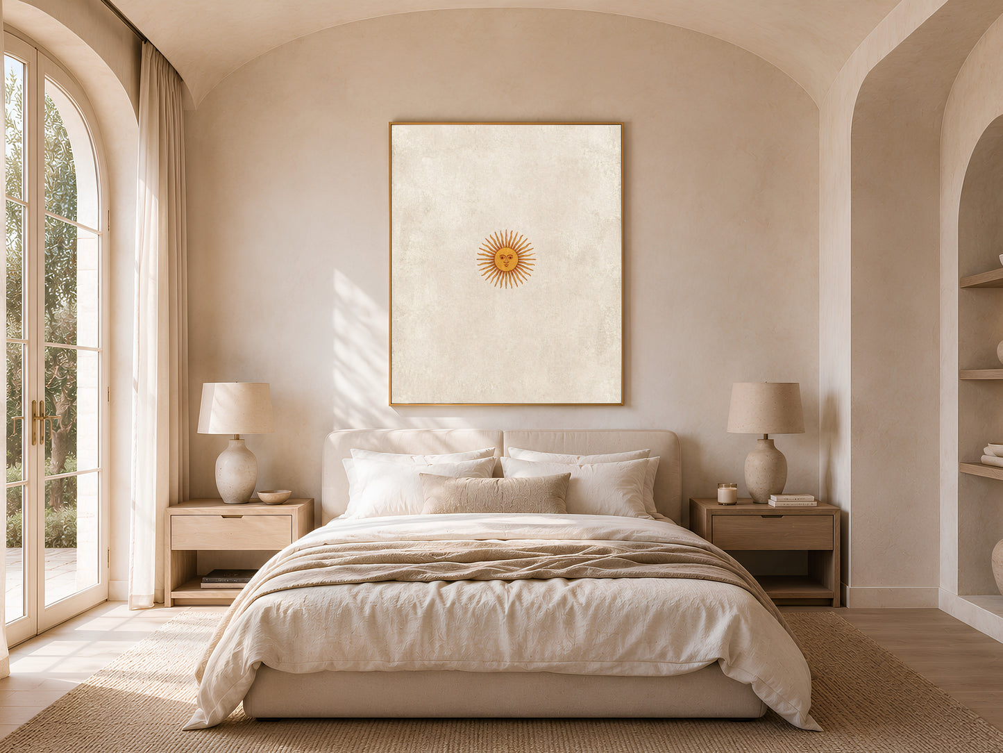 Vintage sun face wall art hung in a sunlit bedroom with arched window, neutral celestial print for bedroom decor
