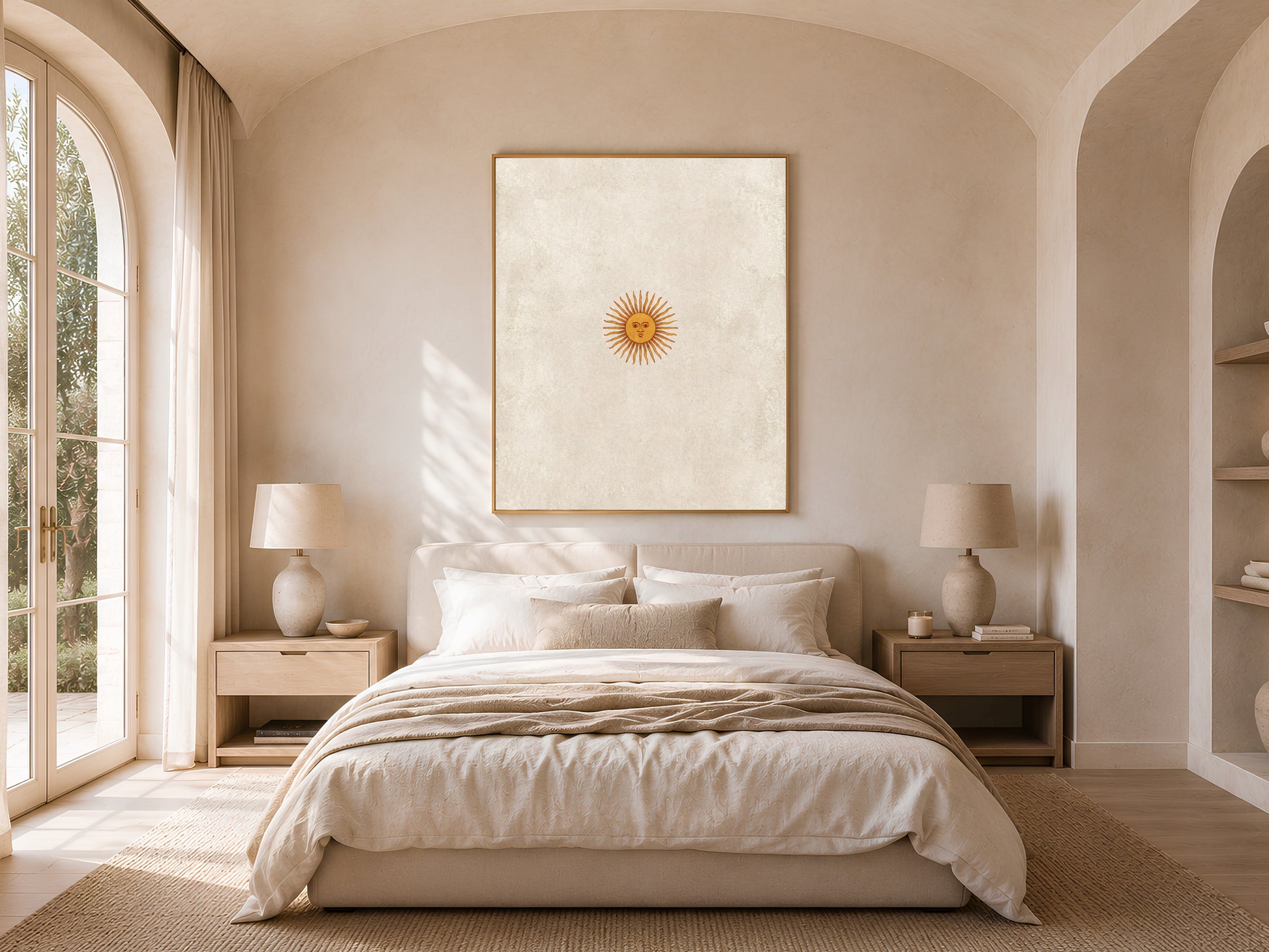 Vintage sun face wall art hung in a sunlit bedroom with arched window, neutral celestial print for bedroom decor