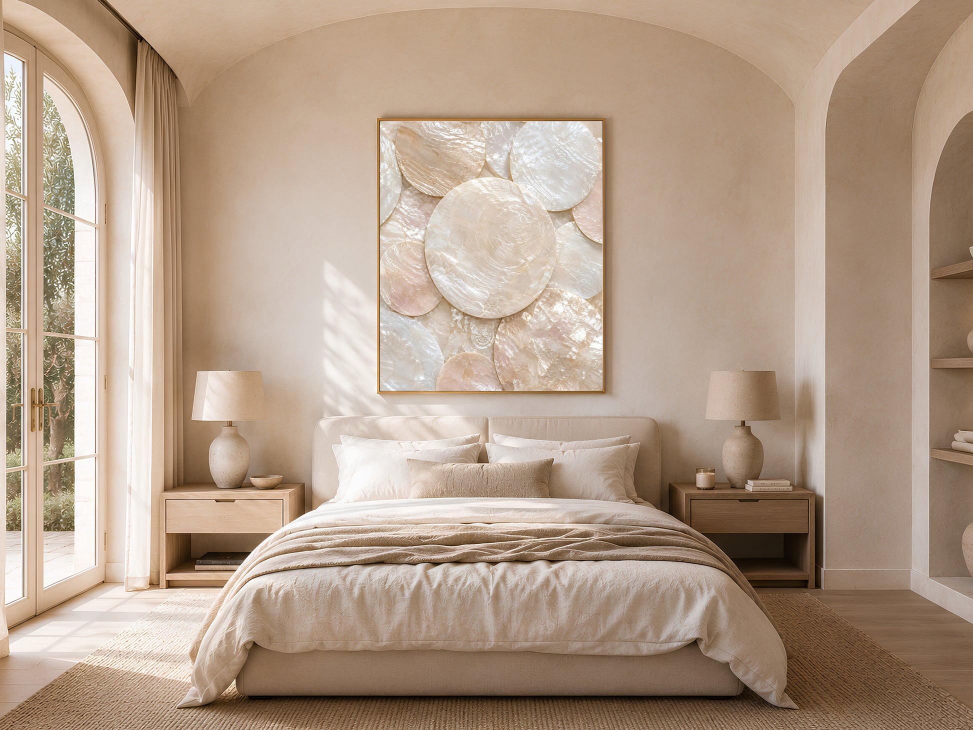 Capiz shell wall art print in a gold frame above a bed in a warm neutral arched bedroom
