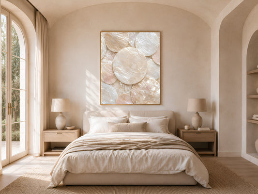 Capiz shell wall art print in a gold frame above a bed in a warm neutral arched bedroom
