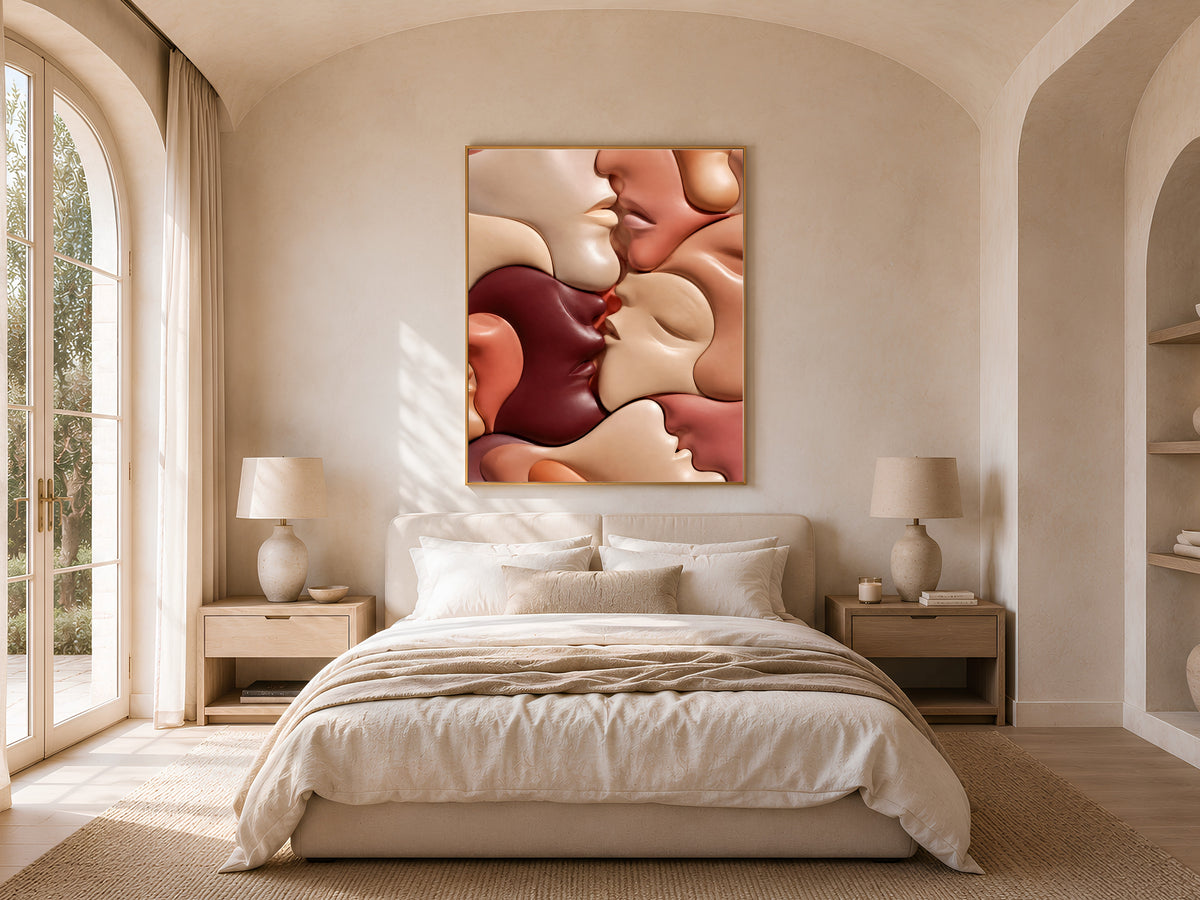 Abstract Kissing Faces Wall Art, Warm Terracotta Couple Print - Digital Download