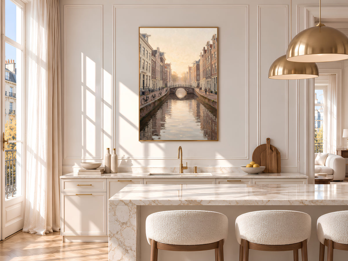 Dutch Canal Painting Print, Soft Golden Hour City Art, Neutral European Canal Wall Art, Printable Digital Download