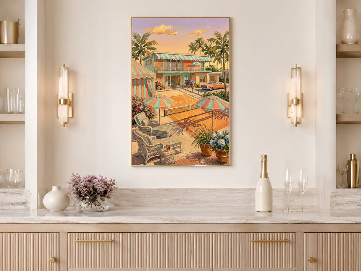 Retro Palm Springs Tennis Wall Art, Pastel Mid-Century Pool House Print - Digital Download