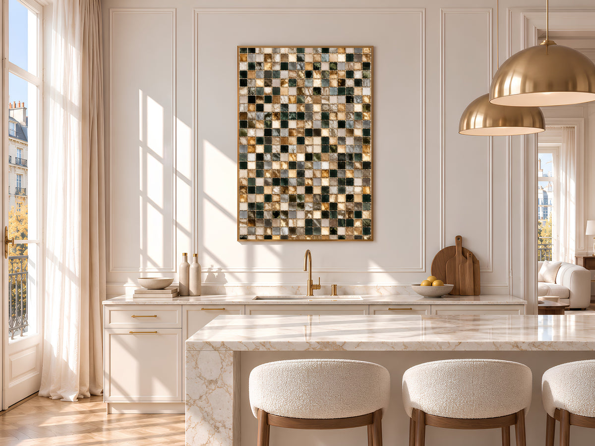 Dark Green and Gold Mosaic Tile Wall Art Print, Abstract Glass Tile Grid Painting, Printable Earthy Neutral Decor, Digital Download