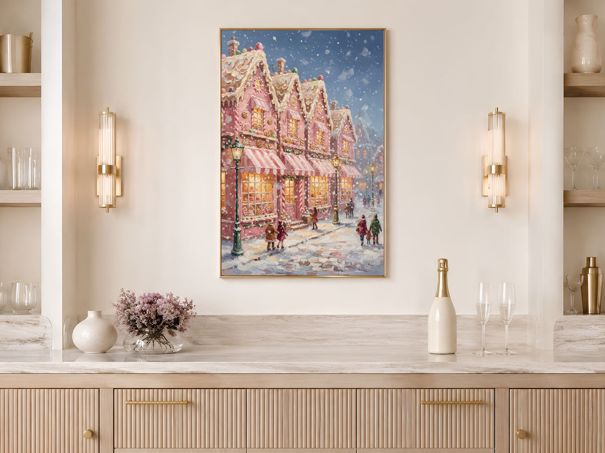 Gingerbread Village Wall Art, Candyland Christmas Street Print - Digital Download