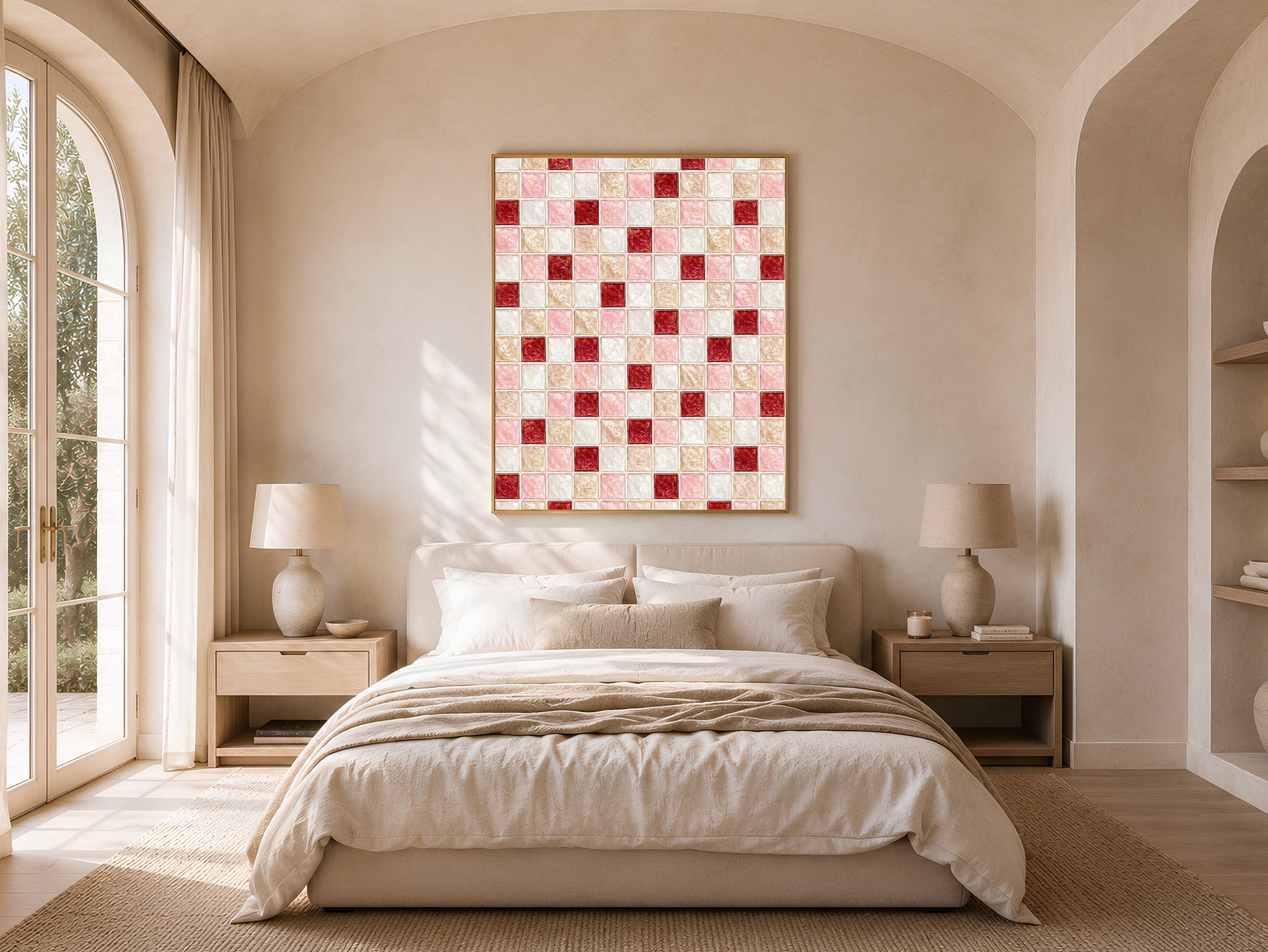 Coquette pink red mosaic wall art print framed above a bed in a light-filled arched bedroom
