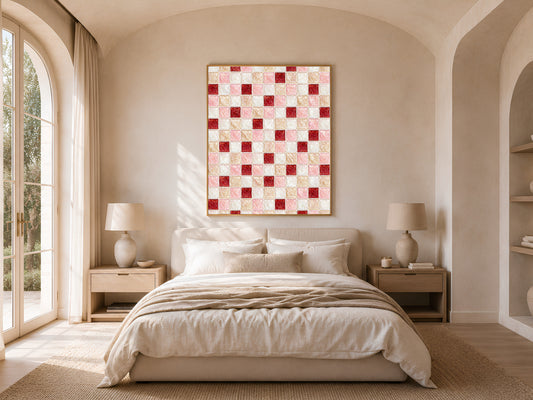 Coquette pink red mosaic wall art print framed above a bed in a light-filled arched bedroom