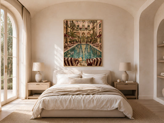 Indoor pool Christmas print framed above a bed in a neutral arched bedroom