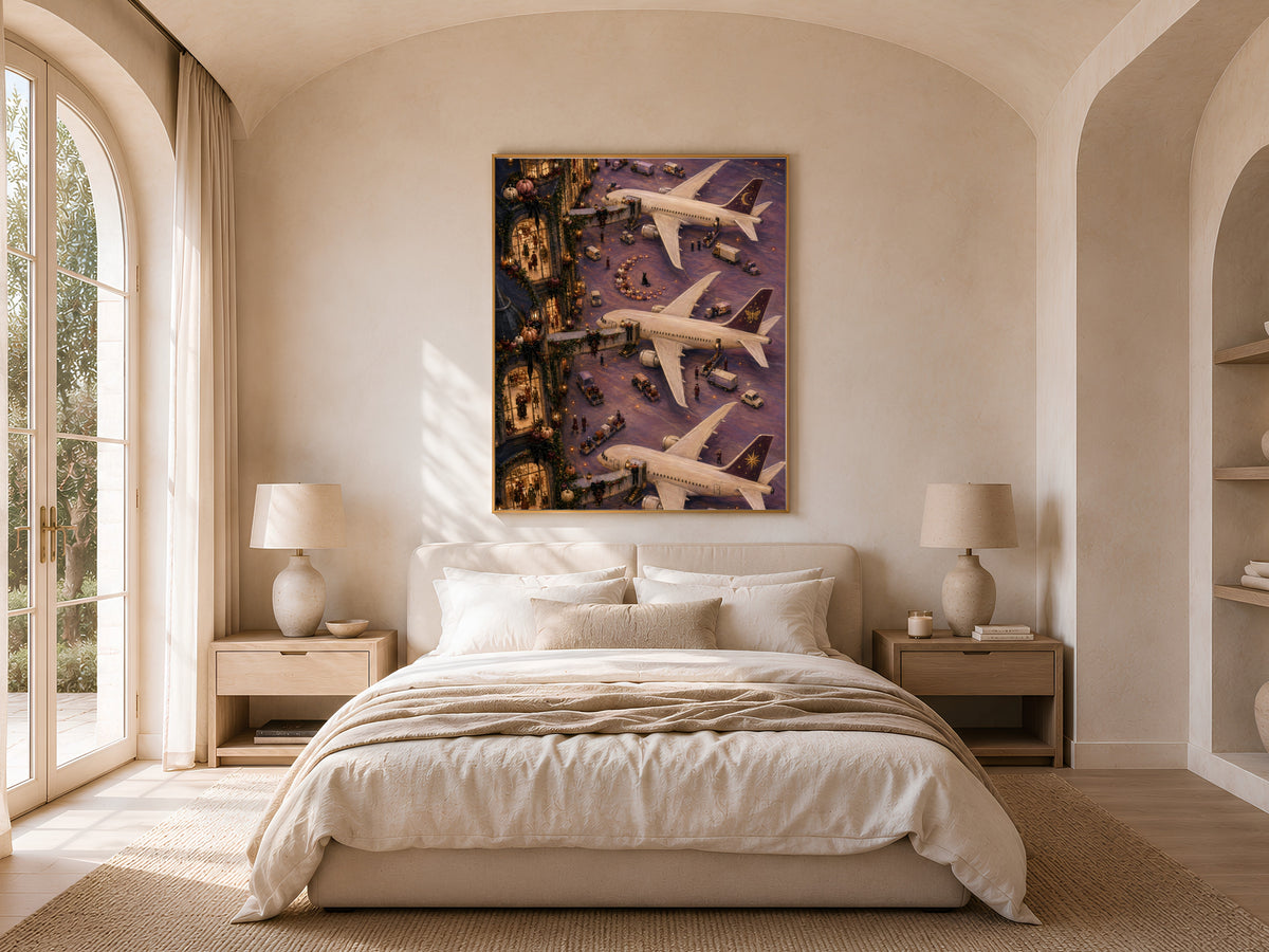 Gothic Halloween painting above bed in sunlit bedroom with arched window