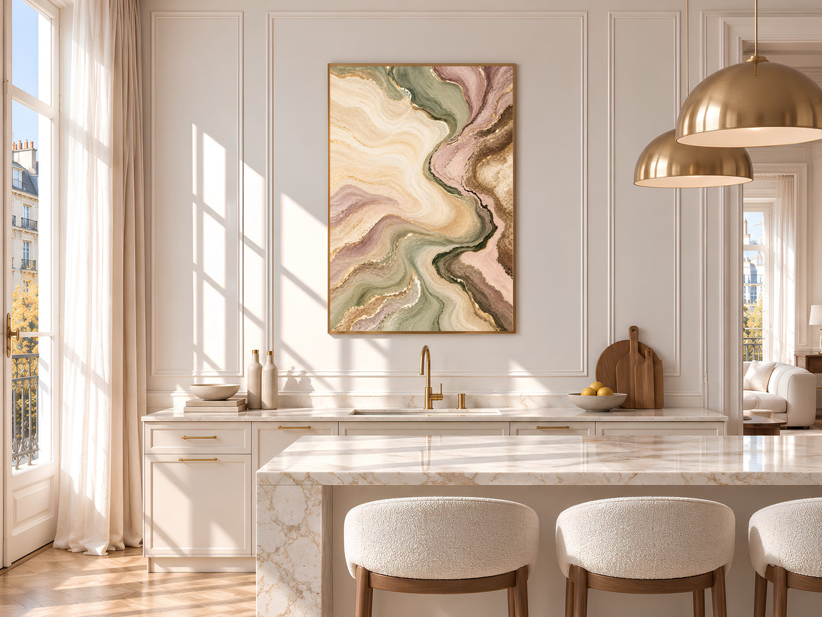Sage Green and Blush Abstract Wall Art, Marble Swirl Painting Print with Gold Veins, Printable Pastel Neutral Decor, Digital Download