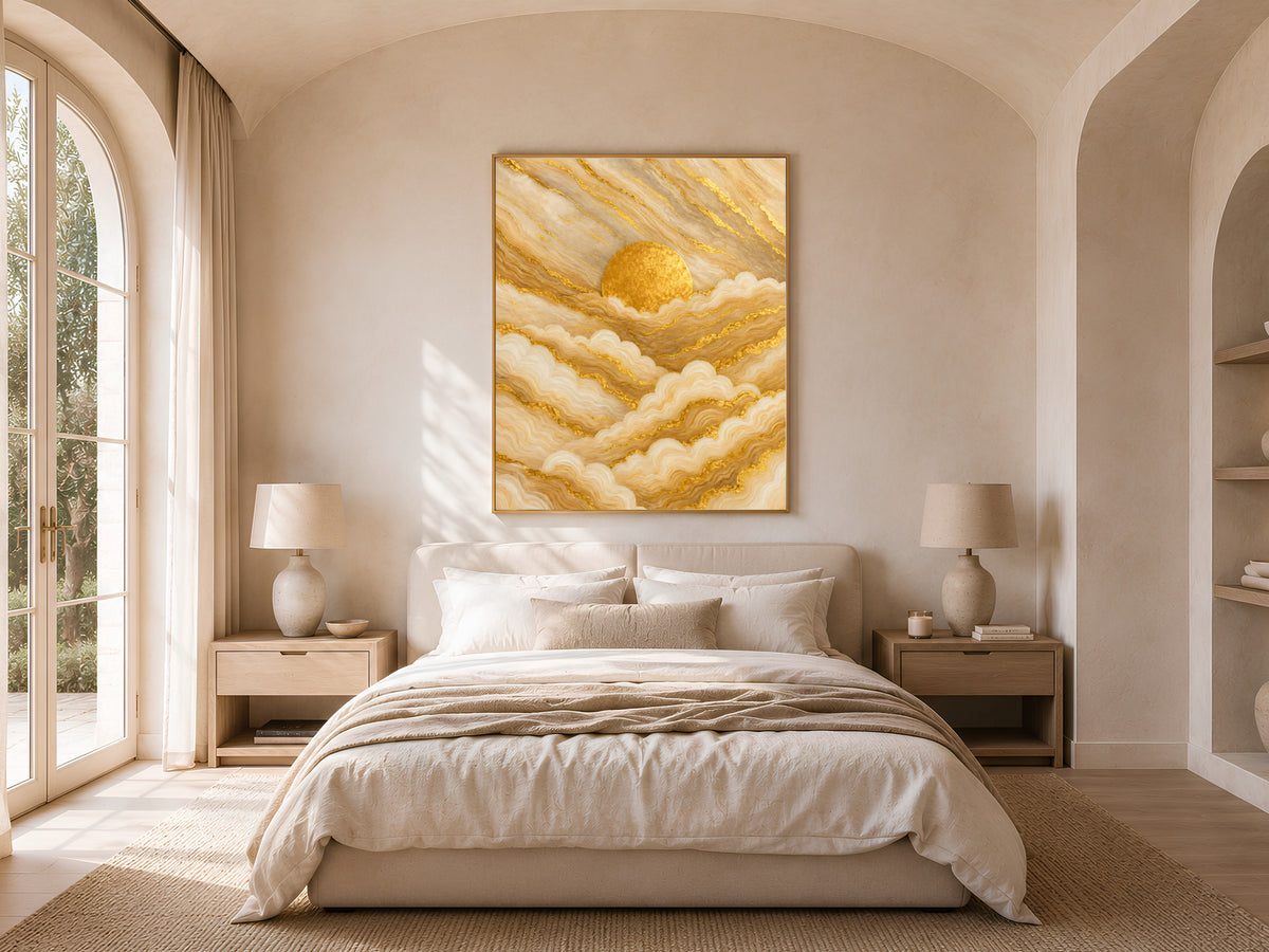 Gold marble abstract wall art hung in a sunlit bedroom with arched window, boho sunrise painting for bedroom decor