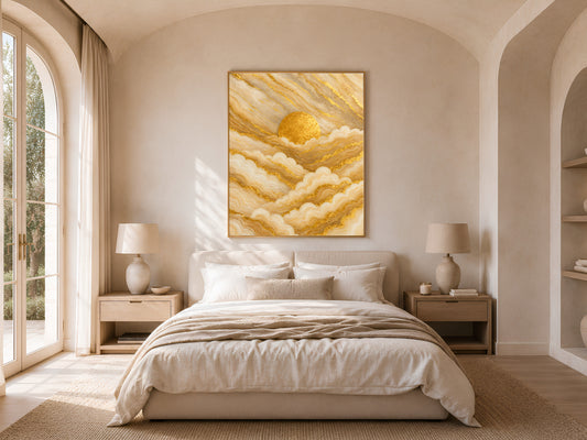 Gold marble abstract wall art hung in a sunlit bedroom with arched window, boho sunrise painting for bedroom decor