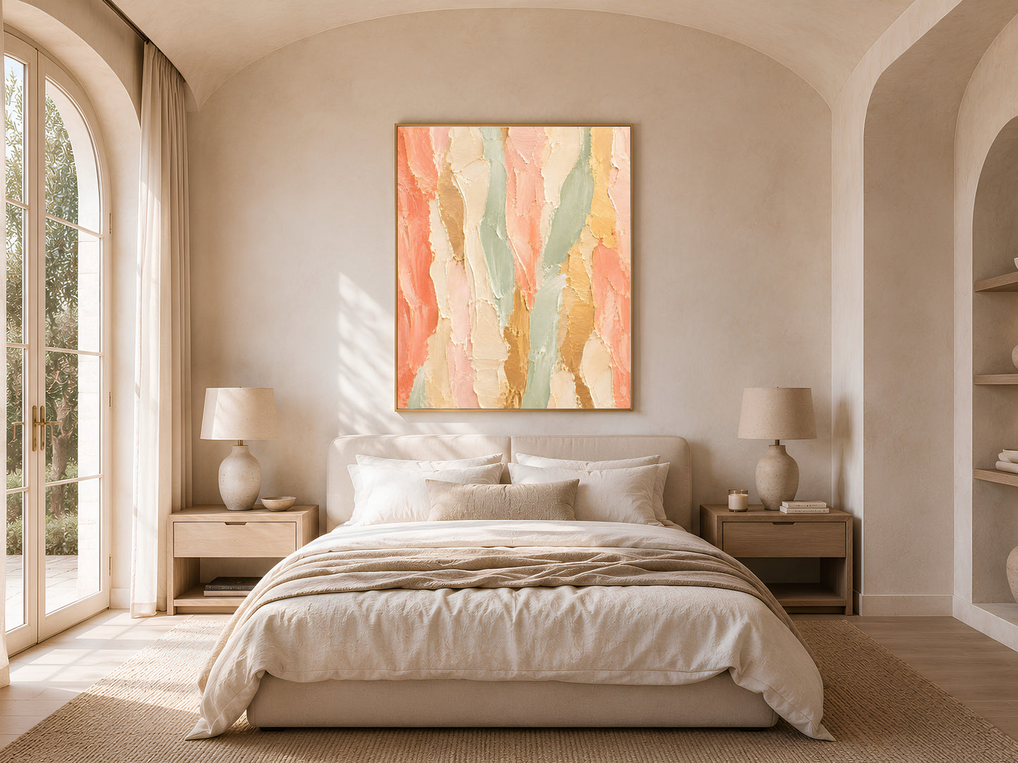 Coral sage abstract wall art print framed above a bed in a light-filled arched bedroom