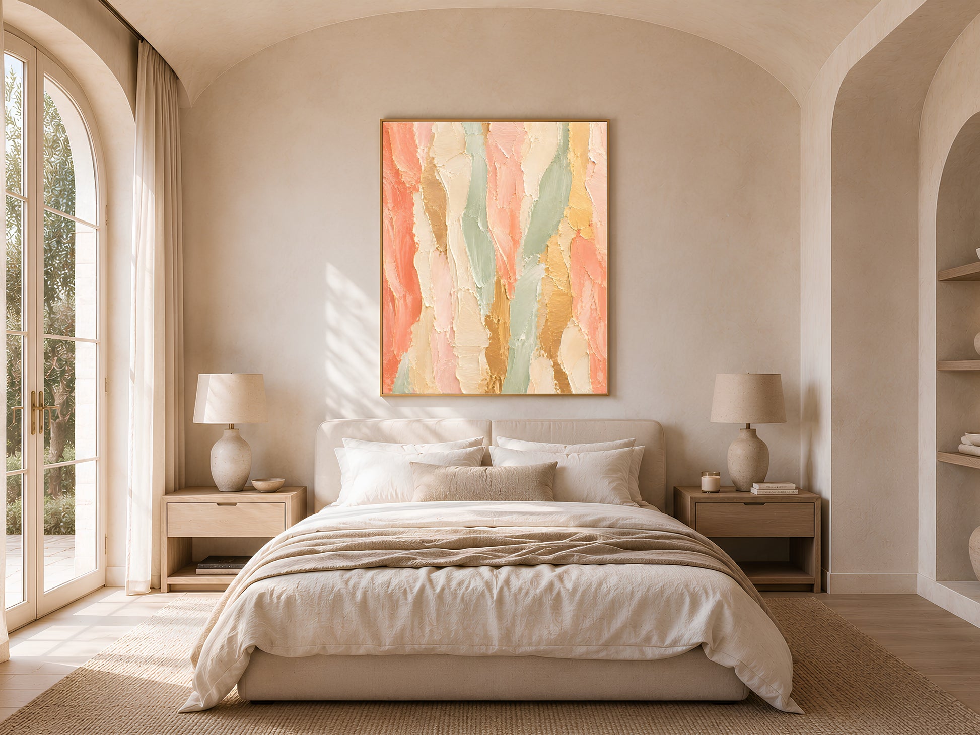 Coral sage abstract wall art print framed above a bed in a light-filled arched bedroom