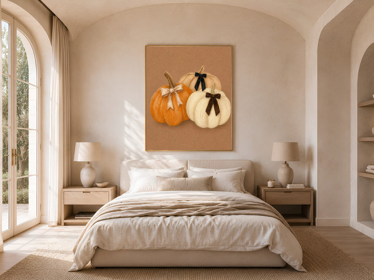 Coquette pumpkin wall art with velvet bows above a neutral bedroom bed