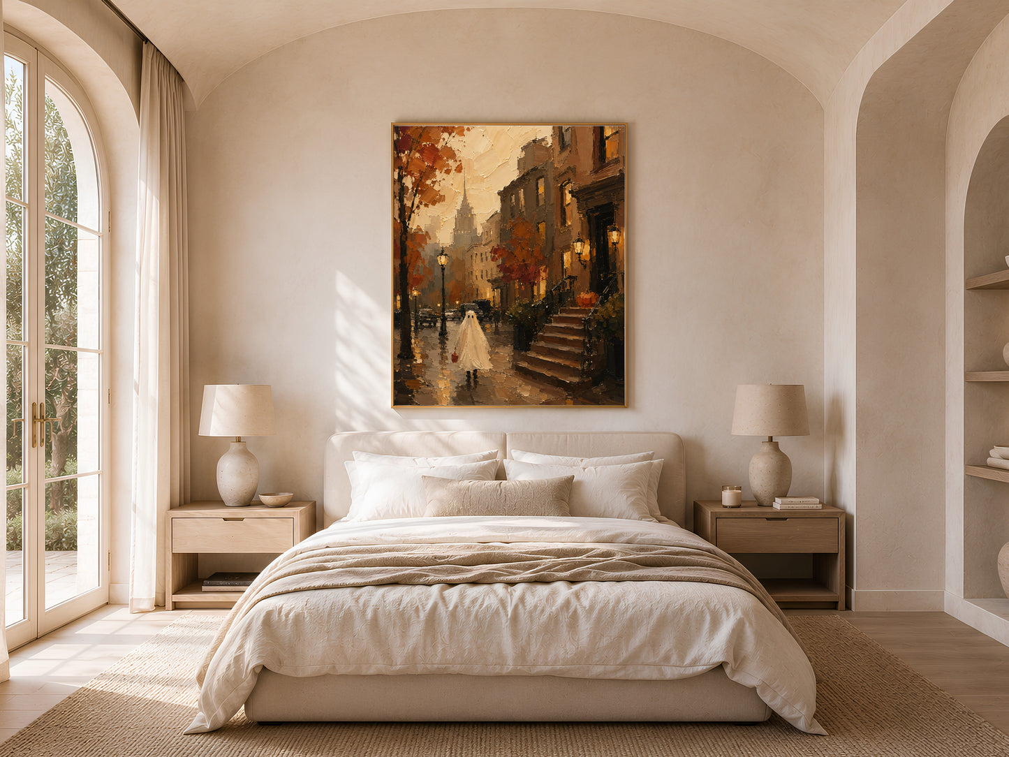 Bedroom with the brownstone Halloween print above a bed with white linens, framed by arched doorways and doubled nightstand lamps
