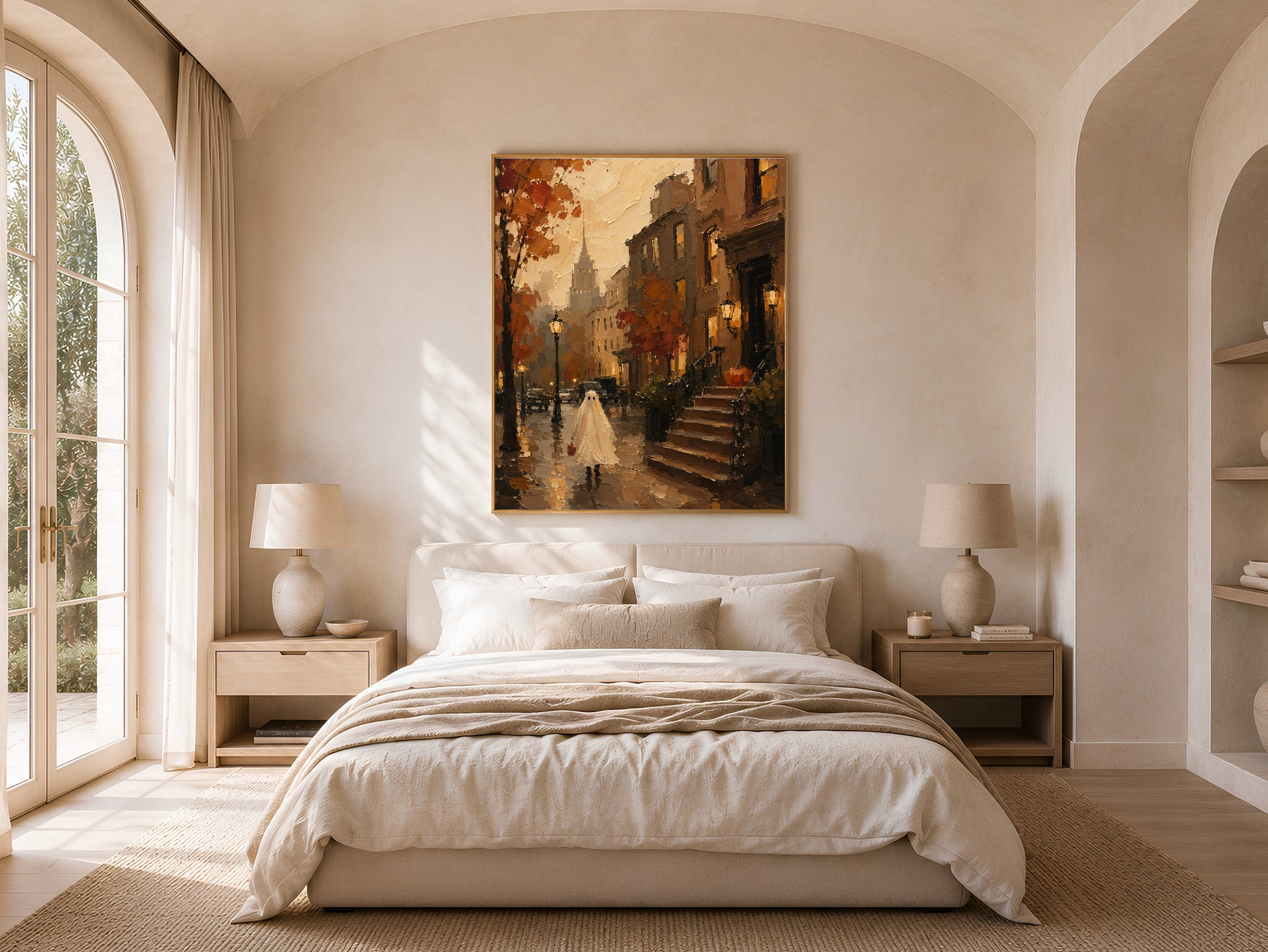 Bedroom with the brownstone Halloween print above a bed with white linens, framed by arched doorways and doubled nightstand lamps
