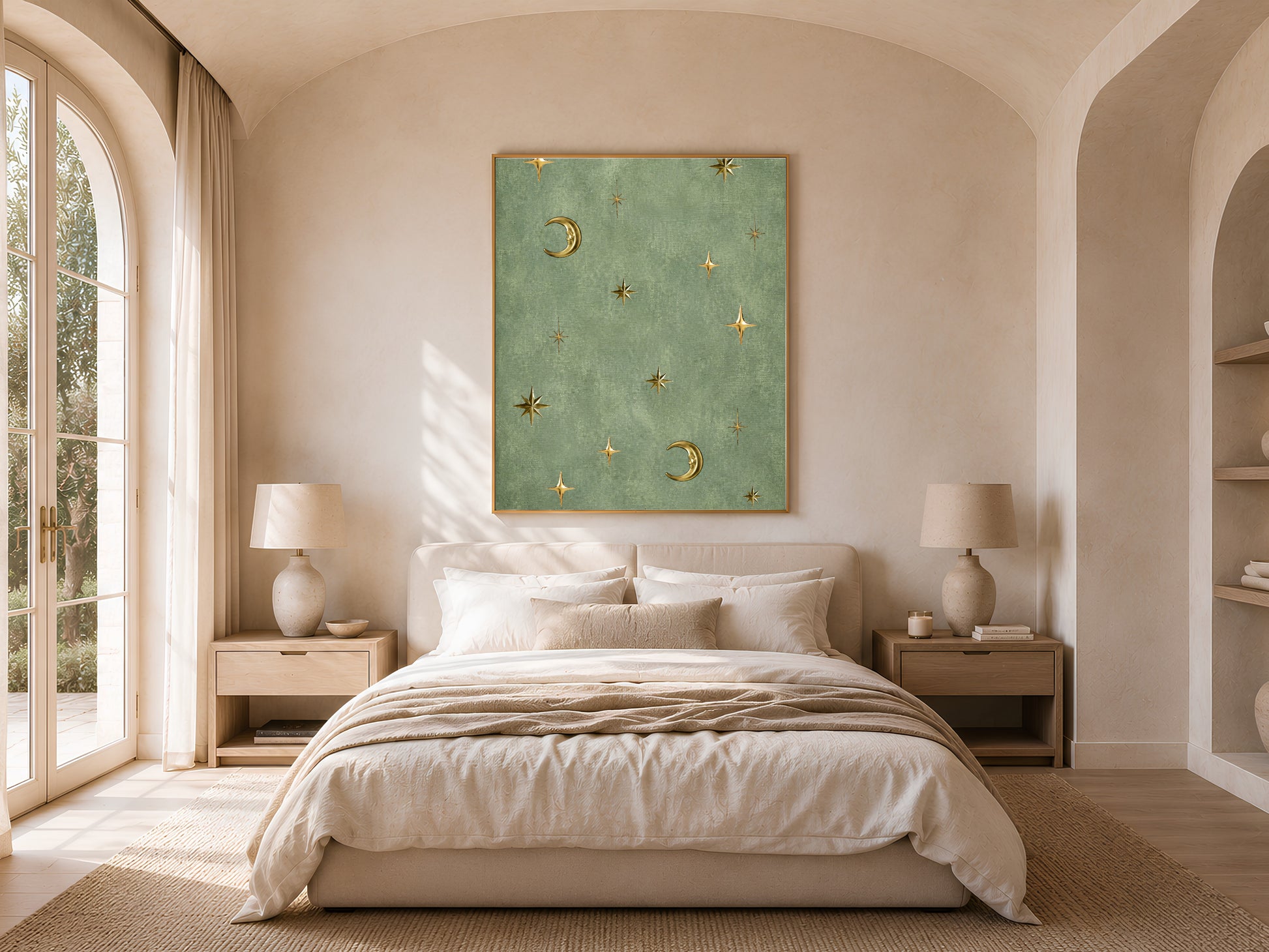 Vintage celestial moon and stars wall art hung in a sunlit bedroom with arched window, sage green dark academia print