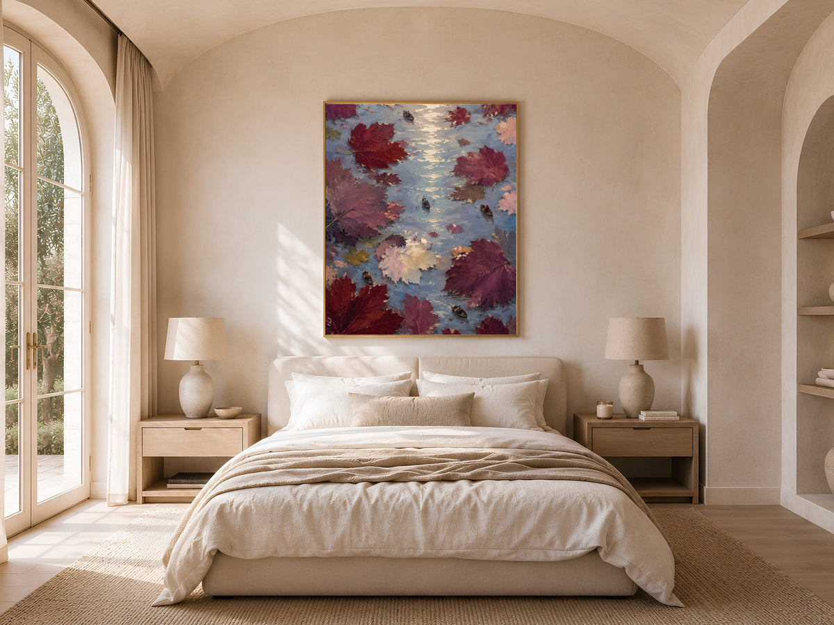 Surreal maple leaves rowboat art framed above bed in warm neutral bedroom decor