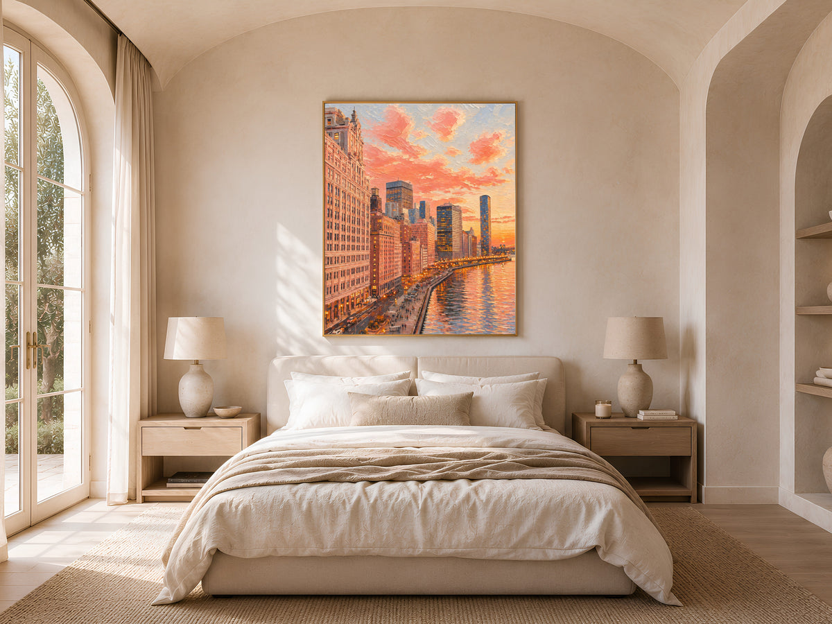 City skyline sunset wall art above a neutral bedroom bed