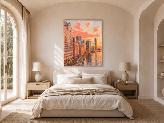 City skyline sunset wall art above a neutral bedroom bed