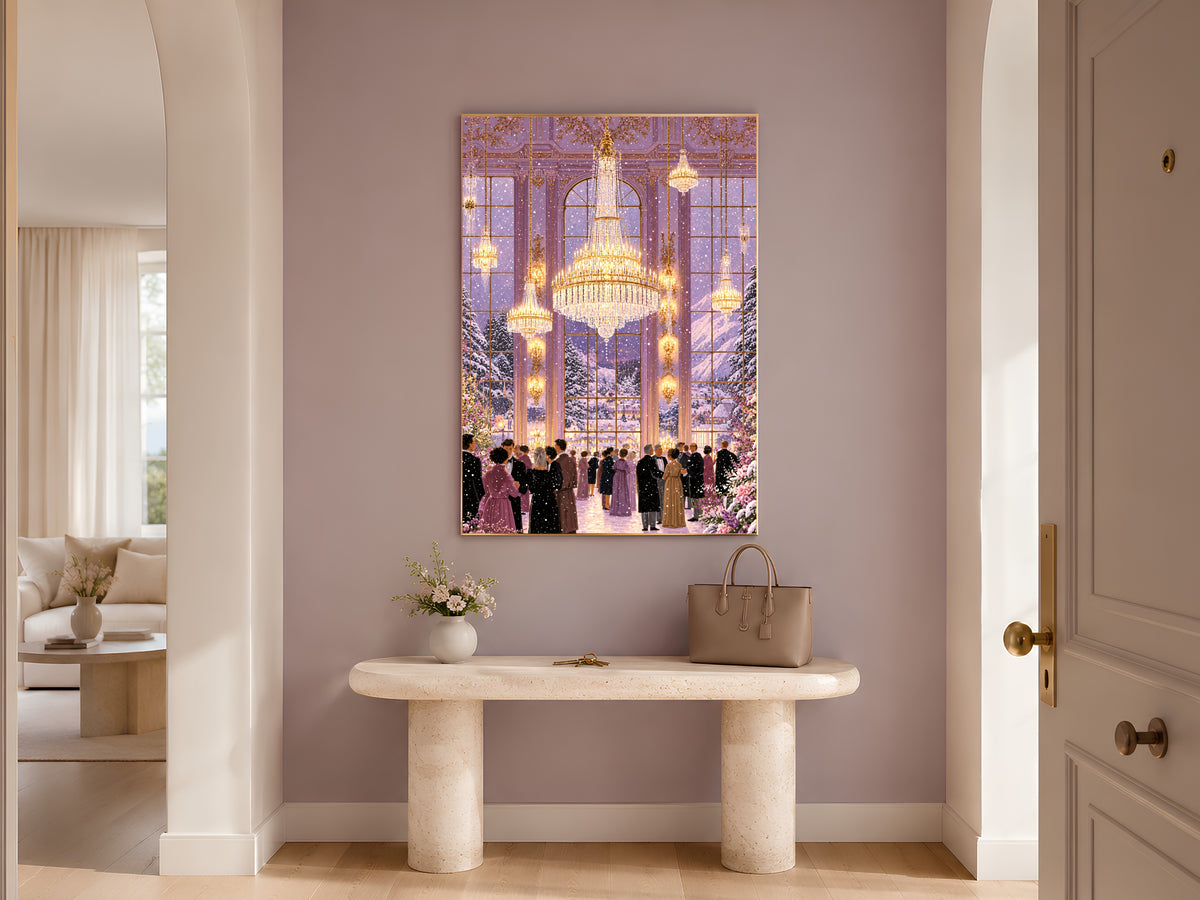 Winter Ballroom Wall Art, Lavender Chandelier Painting, Snowy Holiday Ball Print, Elegant Purple Decor, Printable Digital Download