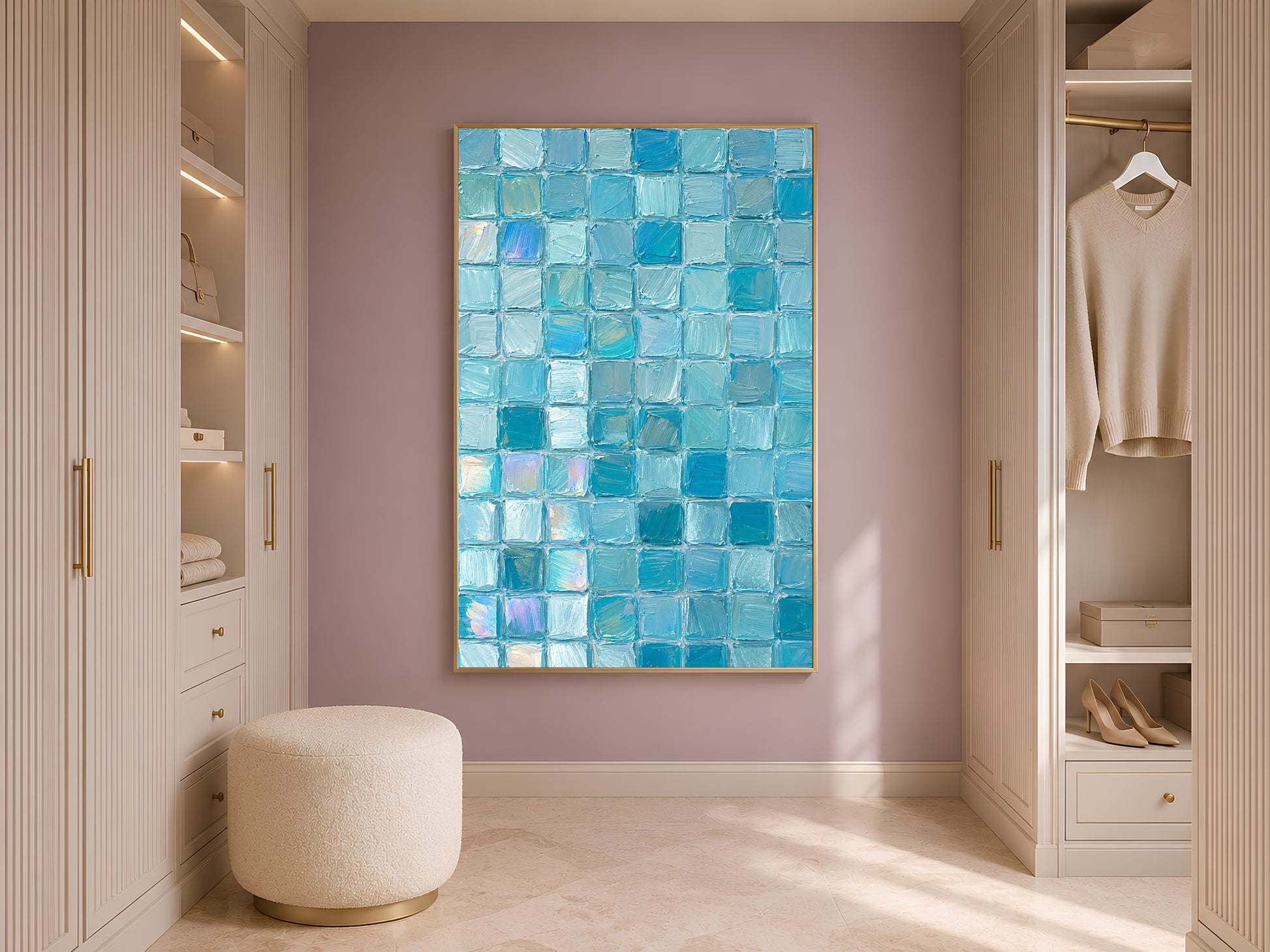 Turquoise aqua mosaic tile wall art in gold frame in styled dressing room with wardrobe and cream ottoman
