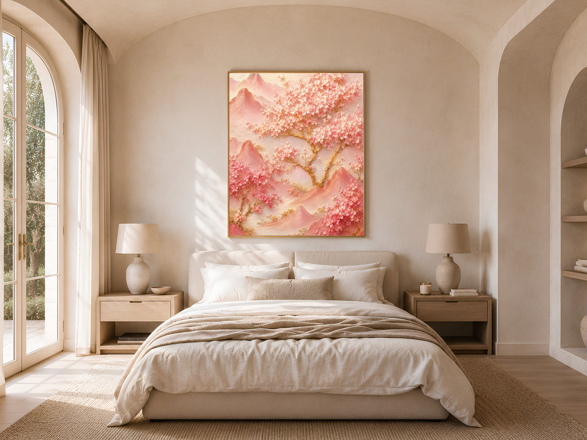 Gold-framed cherry blossom mountain landscape above a neutral bed with linen bedding in a sunlit bedroom