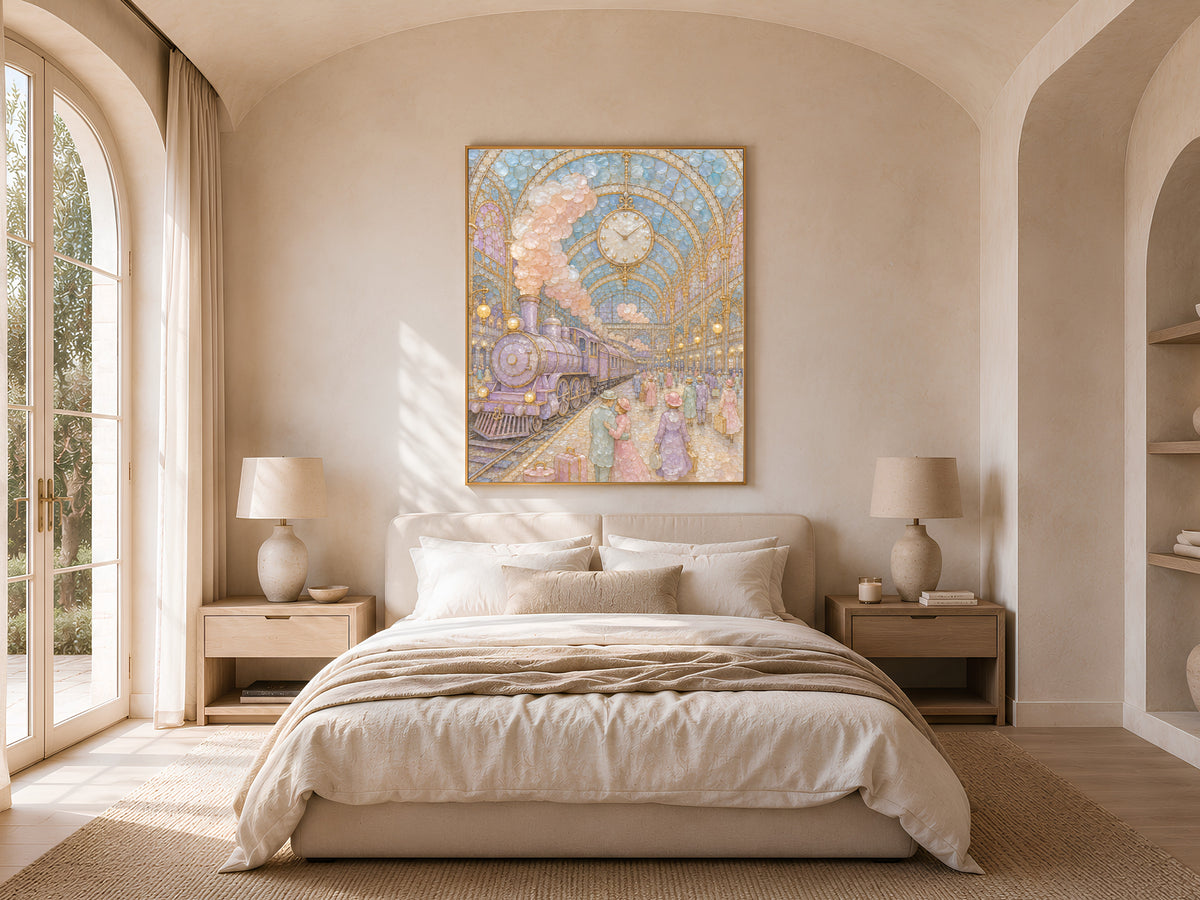 Pastel Vintage Train Station Wall Art, Whimsical Mosaic Print - Digital Download