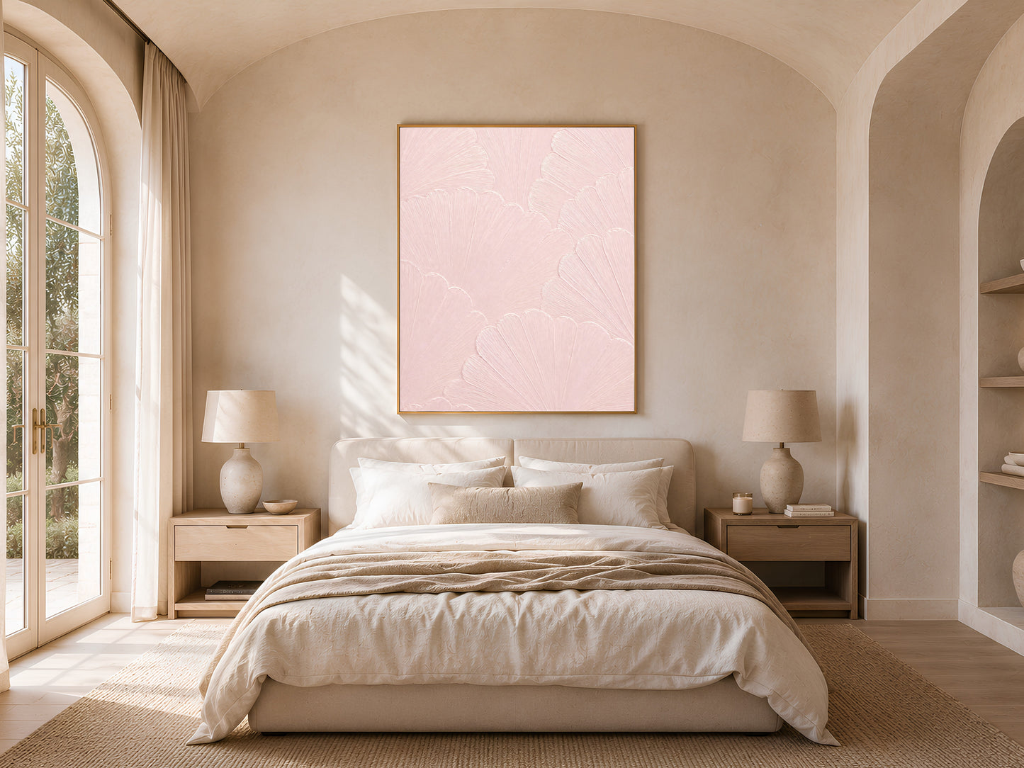 Ballet pink wall art displayed above a bathroom vanity with towels and fresh flowers
