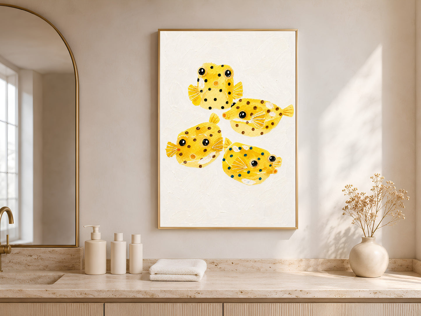 Yellow boxfish painting framed above a bathroom counter with natural light
