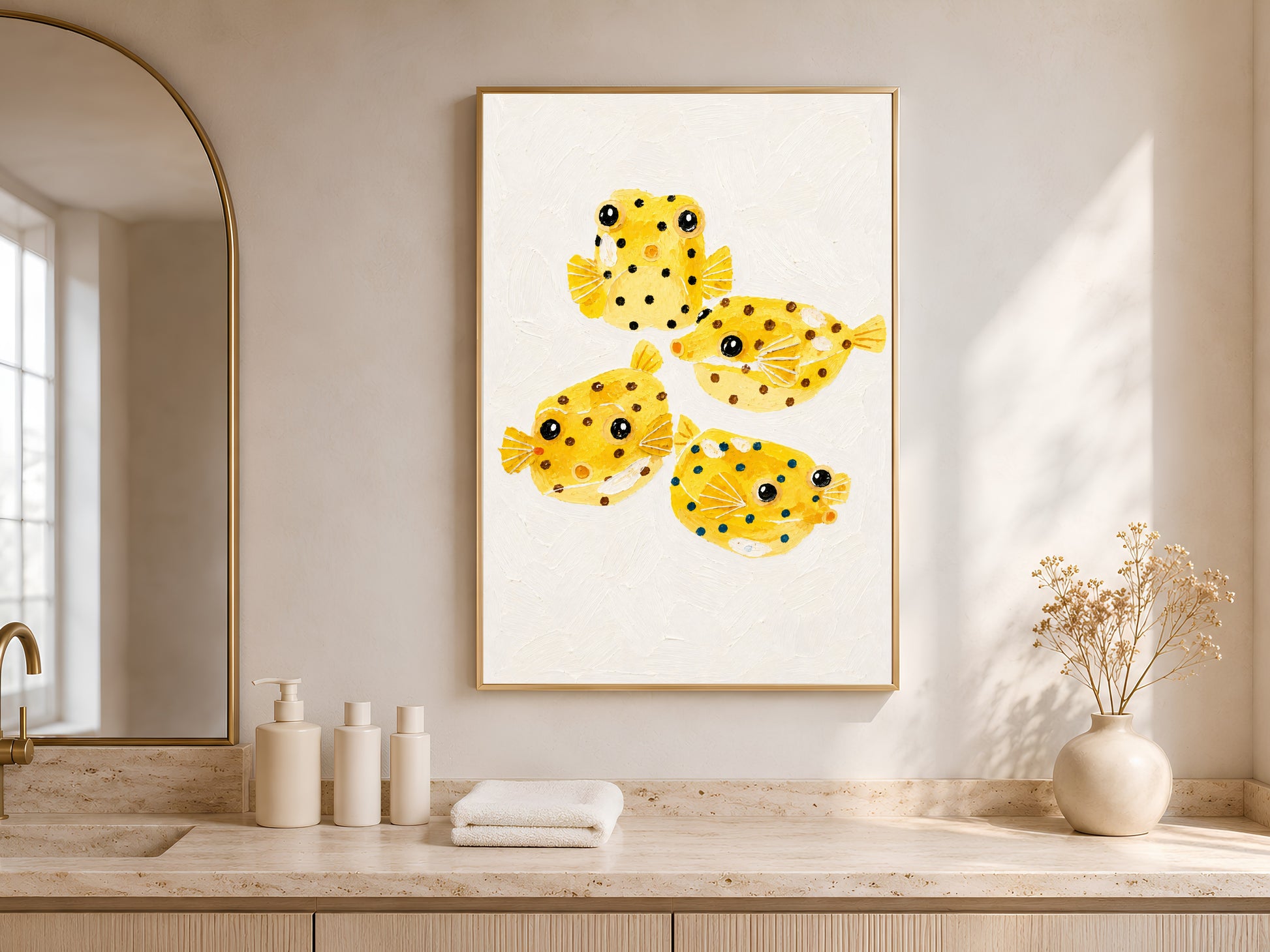 Yellow boxfish painting framed above a bathroom counter with natural light
