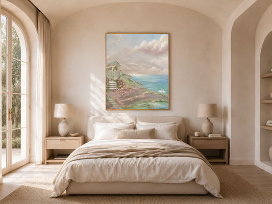Rose garden gazebo coastal print framed above a bed in a warm neutral bedroom with arched window