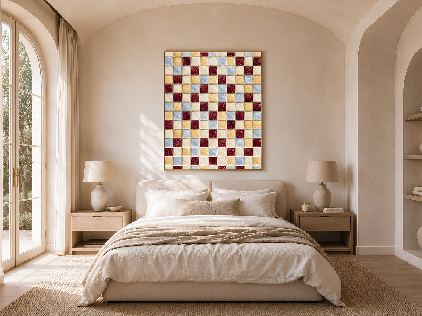 Burgundy gold blue mosaic wall art print framed above a bed in a light-filled arched bedroom