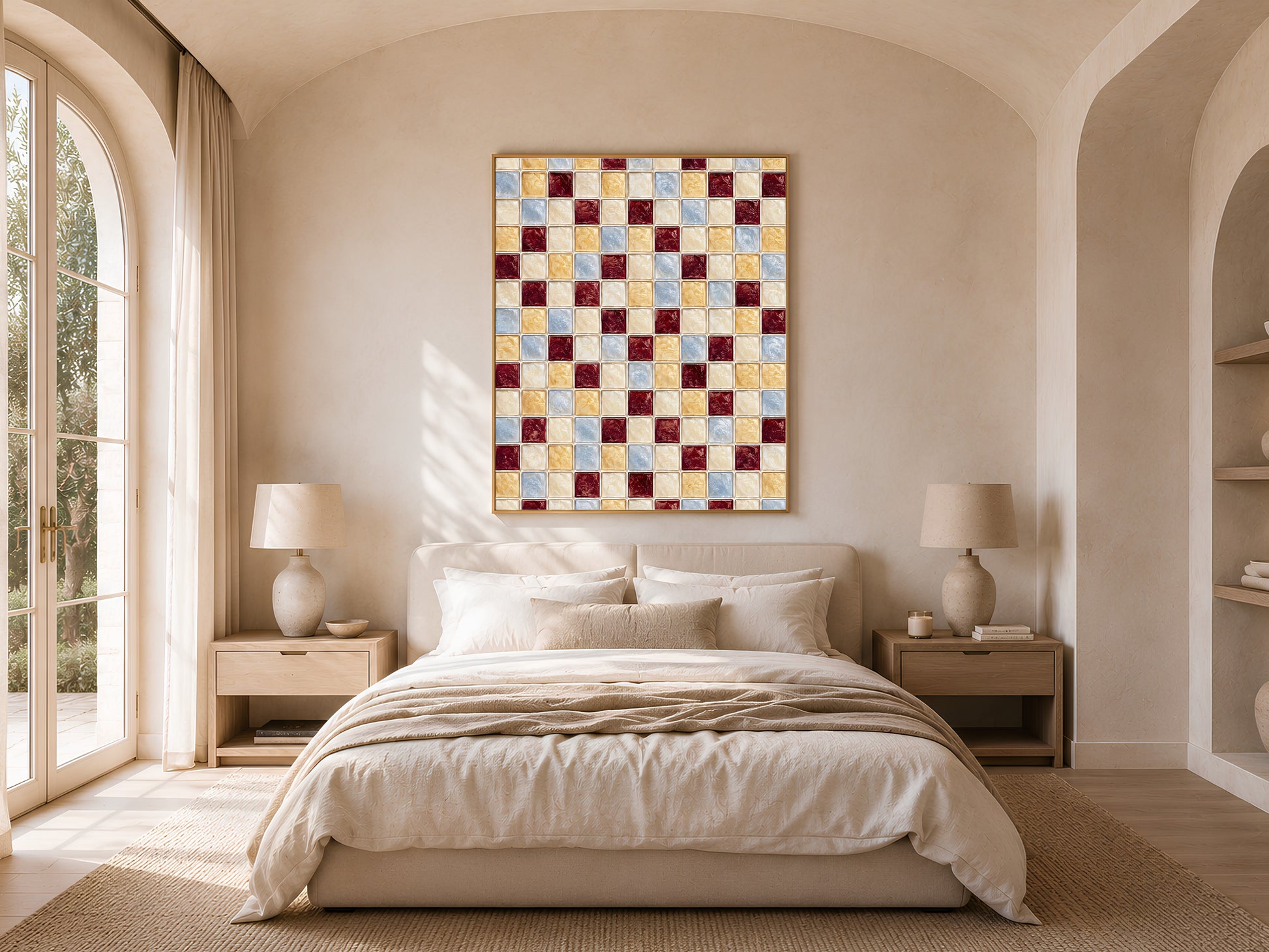 Burgundy gold blue mosaic wall art print framed above a bed in a light-filled arched bedroom
