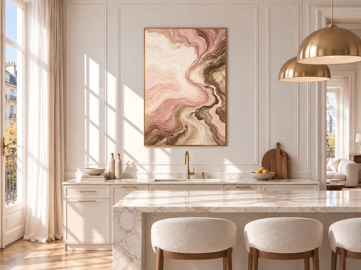 Blush Pink and Brown Abstract Wall Art, Dusty Rose Marble Swirl Print with Gold Veins, Printable Neutral Mocha Decor, Digital Download