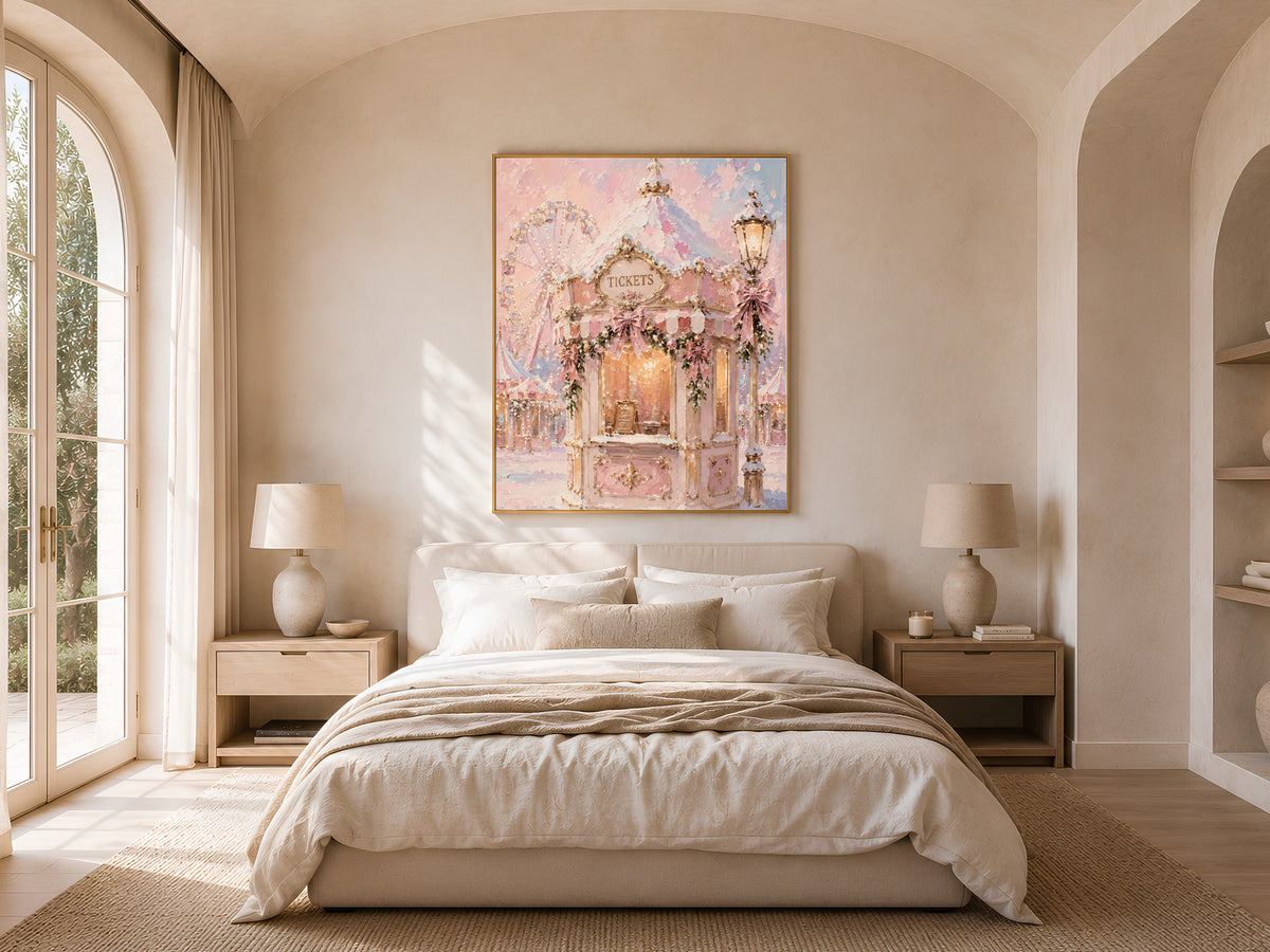 Dreamy pink carousel print framed above a bed in a neutral arched bedroom