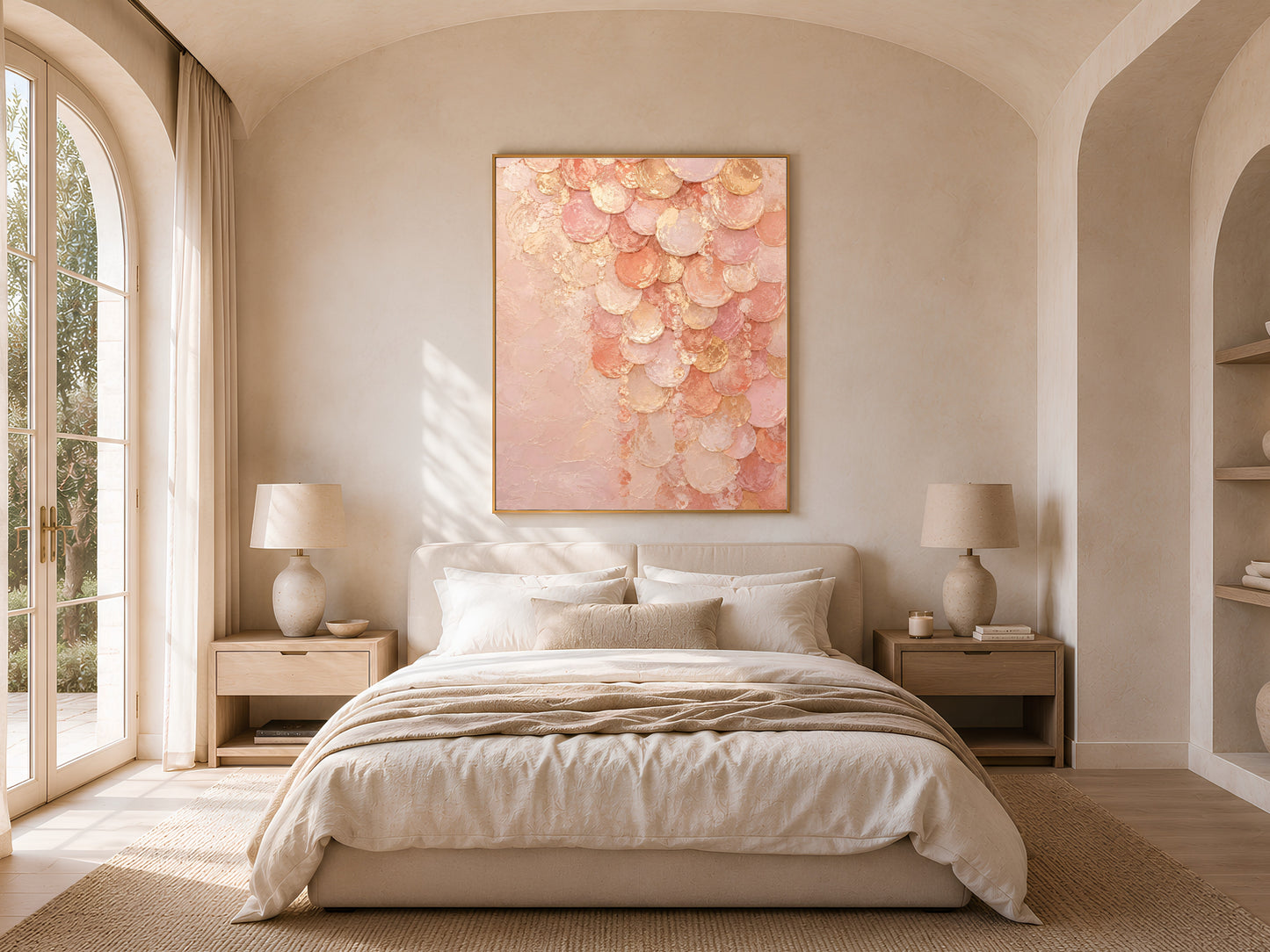 Blush pink capiz shell print above bed in arched cream bedroom
