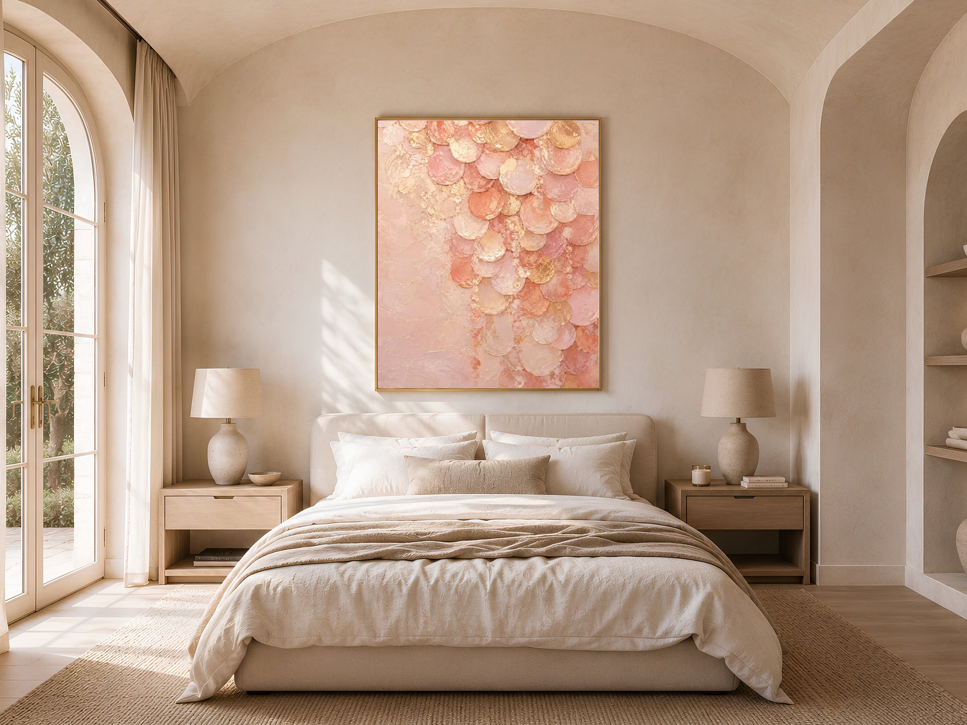 Blush pink capiz shell print above bed in arched cream bedroom
