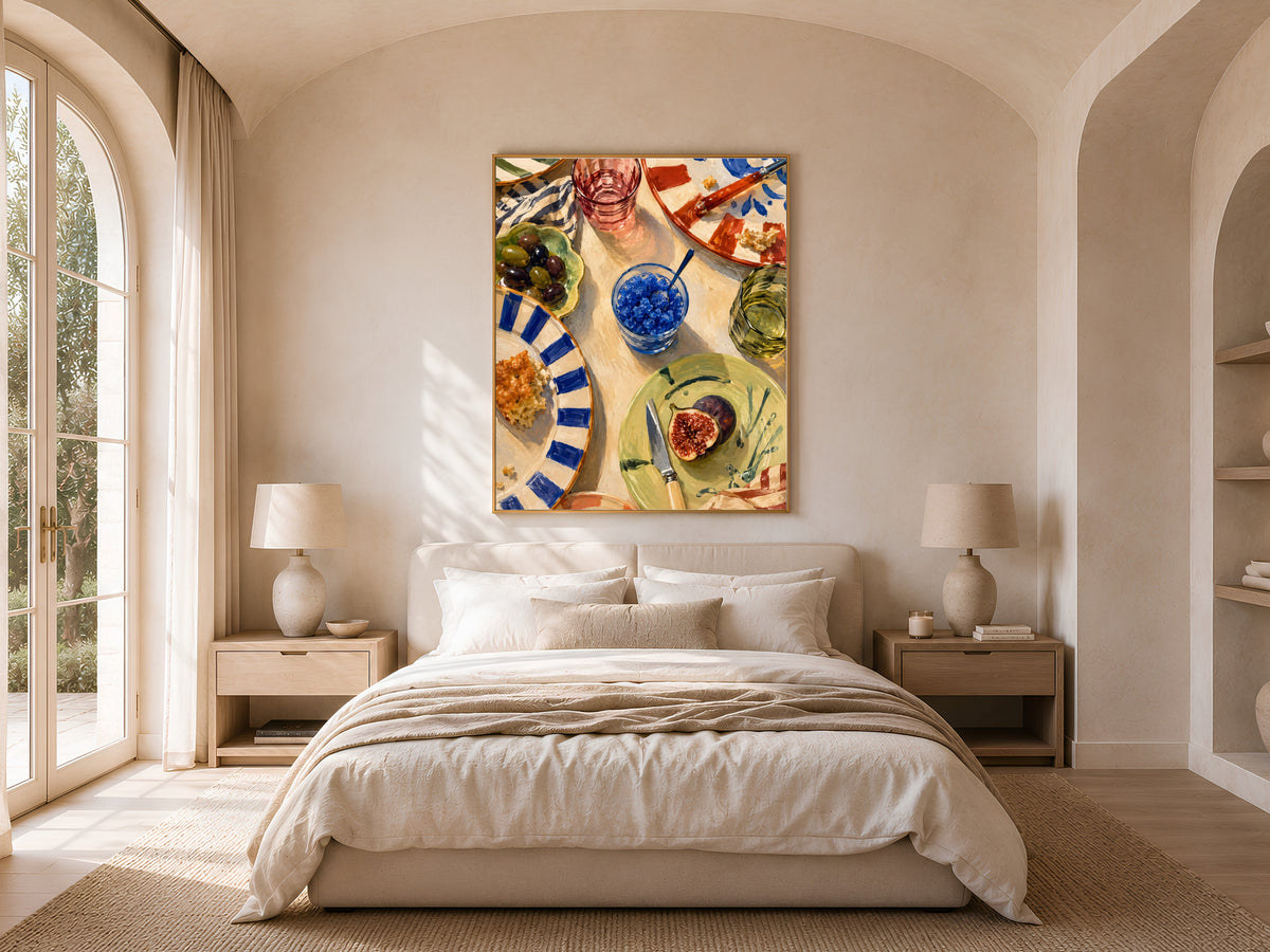 Italian kitchen wall art framed print above bed in neutral bedroom