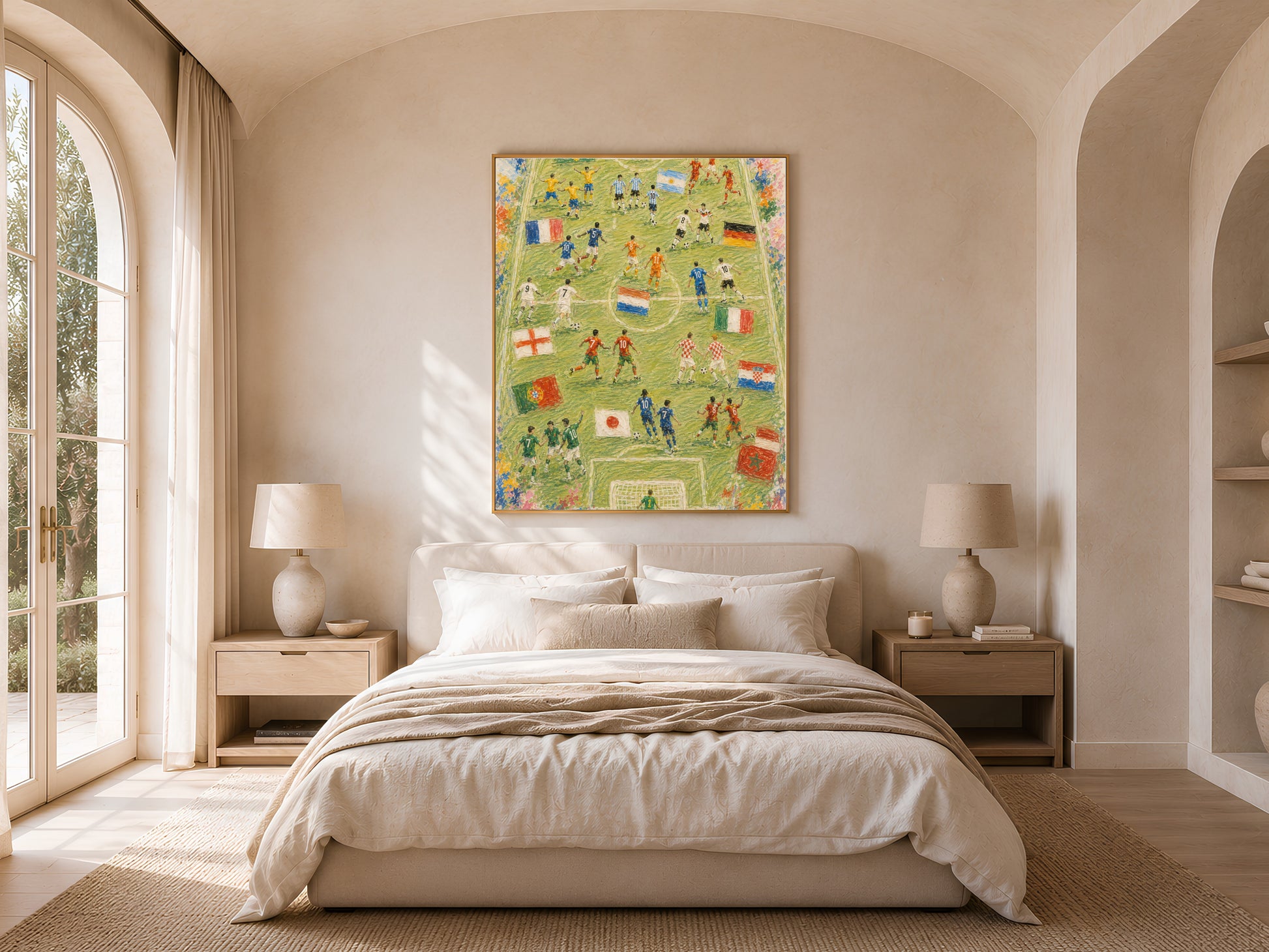 Soccer World Cup painting print framed in bedroom with arched windows, football wall art decor
