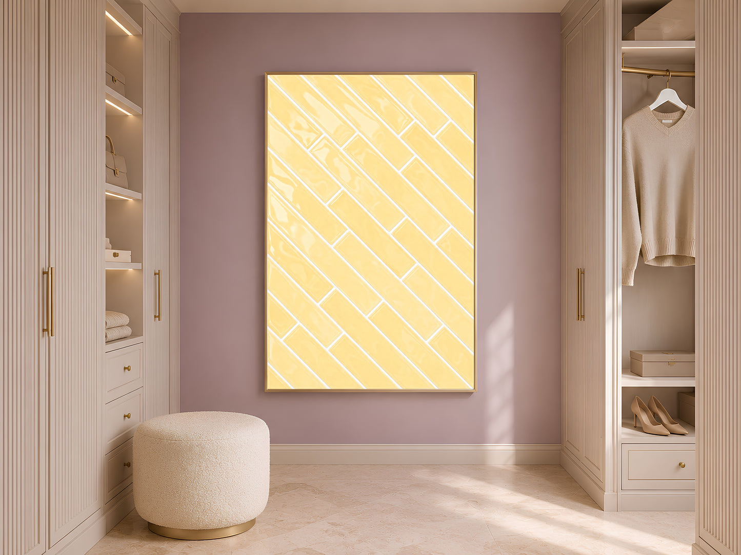 Butter yellow tile art print in a natural wood frame displayed in a soft lilac walk-in closet with a round cream ottoman and hanging garments